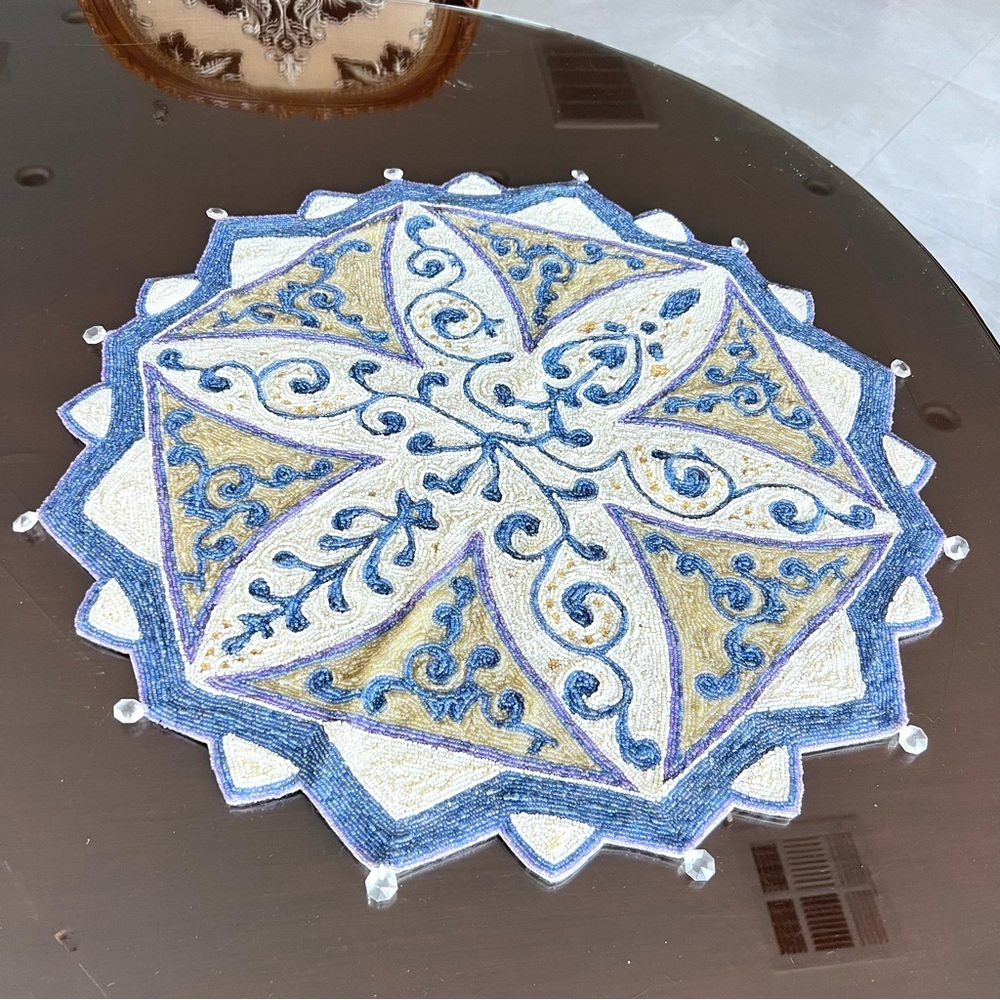 Handmade Blue White Floral 100% Glass Beads Placemat Charger Table Center Piece - Picture 9 of 15